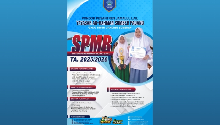 Pamflet resmi SPMB Yayasan Ar-Rahman Sumber Padang Tahun Ajaran 2025/2026 (Foto:Ist). 