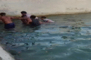 Petugas bersama warga mengevakuasi jenazah Moh Kholiq yang terseret arus laut di pesisir pantai Dusun Pasar Daya, Talango, Sumenep (Foto:Humas). 