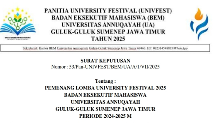UNIVFEST 2025 Universitas Annuqayah mengumumkan daftar pemenang dari 12 cabang lomba yang diikuti peserta dari berbagai daerah di Indonesia. (Foto:Klik Times). 