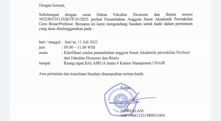 Surat pemanggilan resmi dari Ketua Senat Universitas Airlangga yang ditujukan kepada sejumlah pejabat FEB Unair terkait polemik usulan anggota senat akademik (Doc.Klik Times). 