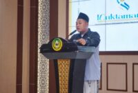 Ahmad Samsul Munir menyampaikan pidato perdananya usai terpilih sebagai Presidium Nasional Halaqoh BEM Pesantren Se-Indonesia periode 2025–2027, dalam Sidang Muktamar Halaqoh V di Universitas Darunnajah, Jakarta Selatan (Foto: Klik Times). 