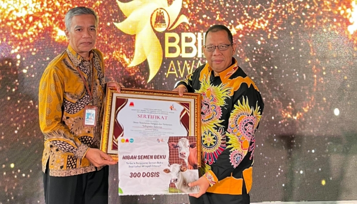 Kepala DKPP Sumenep, Chainur Rasyid, menerima penghargaan Pengguna Terbaik Semen Beku Sapi Lokal Wilayah Intensif 2025 dari BBIB Kementerian Pertanian RI di Singosari, Malang. (Foto/Klik Times). 