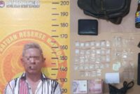 Tersangka ARA (58) bersama barang bukti saat diamankan di Mapolres Sumenep. Foto/Humas.