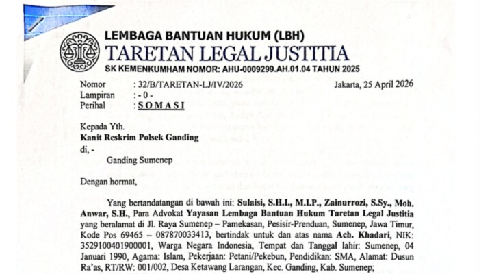 LBH Taretan Legal Justitia Somasi Polsek Ganding, Ancam Laporkan ke Propam jika STTLP Tak Diterbitkan