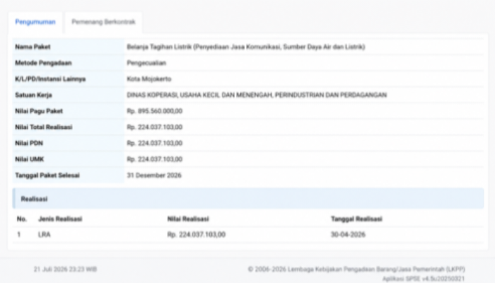 Hampir Rp1 M Anggaran Tagihan Listrik Diskop UKM Perindag Kota Mojokerto, Publik Pertanyakan Peruntukannya